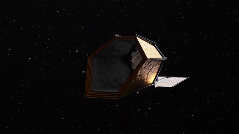 Artist's rendering of NASA's Habitable Worlds Observatory space telescope floating in orbit against a starfield backdrop
