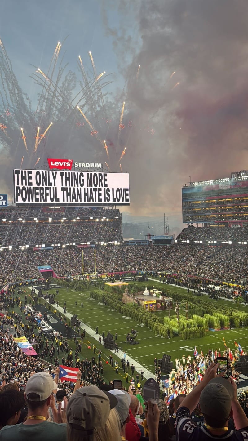 ** Bad Bunny performs during Super Bowl halftime show with fireworks display at Levi's Stadium