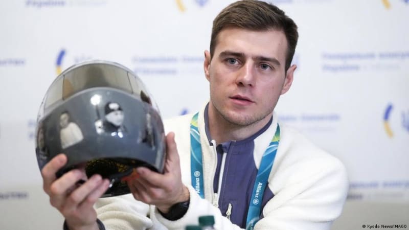 Ukrainian skeleton racer Vladyslav Heraskevych wearing custom memorial helmet at Olympics training