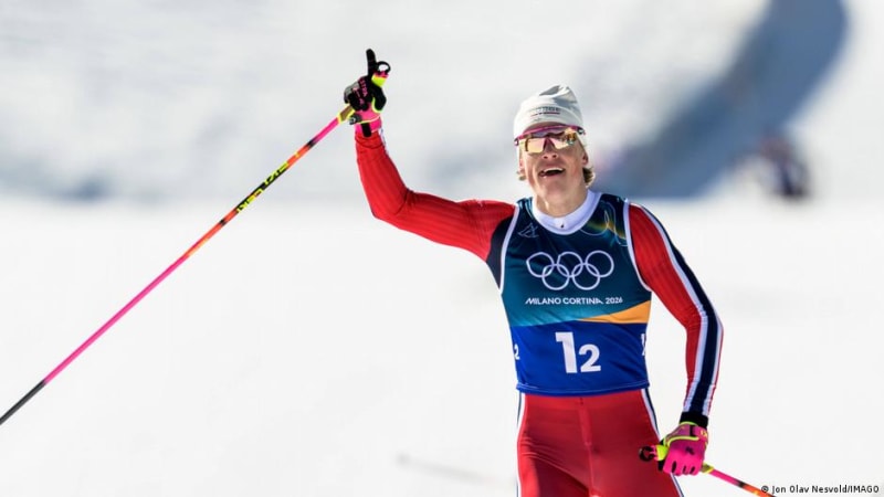 Norwegian cross-country skier Johannes Hoesflot Klaebo celebrating his historic fifth gold medal at 2026 Winter Olympics
