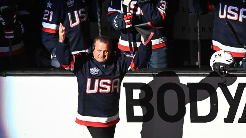 Mike Eruzione on ice before Team USA hockey game at TD Garden arena