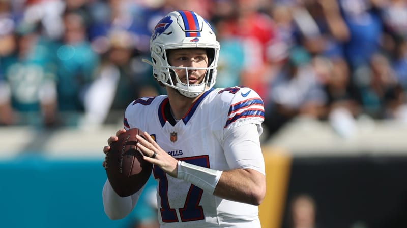 Buffalo Bills quarterback Josh Allen celebrates after scoring game-winning touchdown against Jacksonville Jaguars