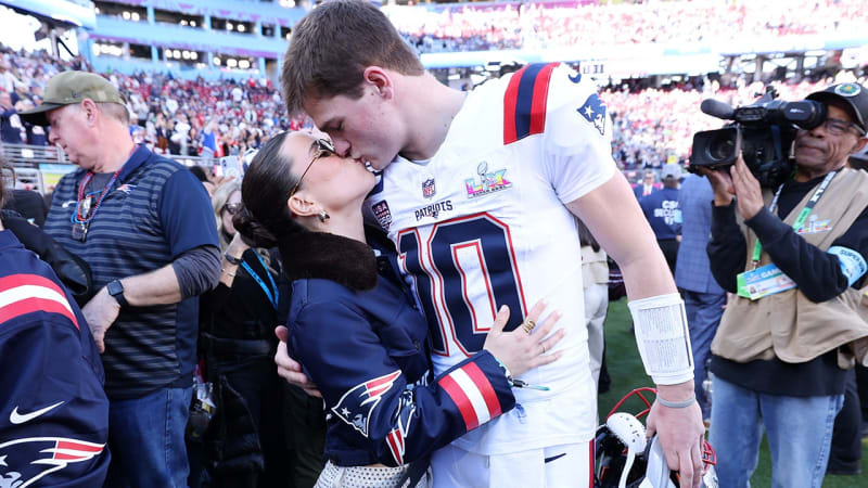 Drake Maye Shares Sideline Kiss Before Super Bowl Debut