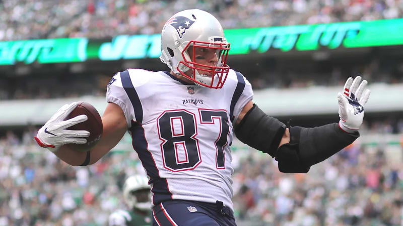 Former New England Patriots tight end Rob Gronkowski celebrating during an NFL game