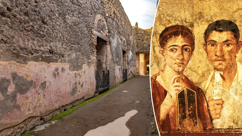 Ancient Roman wall at Pompeii with faint inscriptions revealed through specialized lighting technology