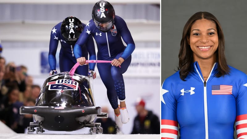 Air Force service member Jasmine Jones in Team USA bobsled uniform at Winter Olympics