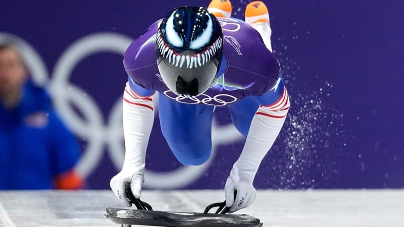 American skeleton racer Austin Florian wearing his viral Venom-themed helmet at 2026 Winter Olympics