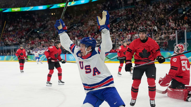 Matt Boldy celebrates after scoring opening goal against Canada in Olympic gold medal game