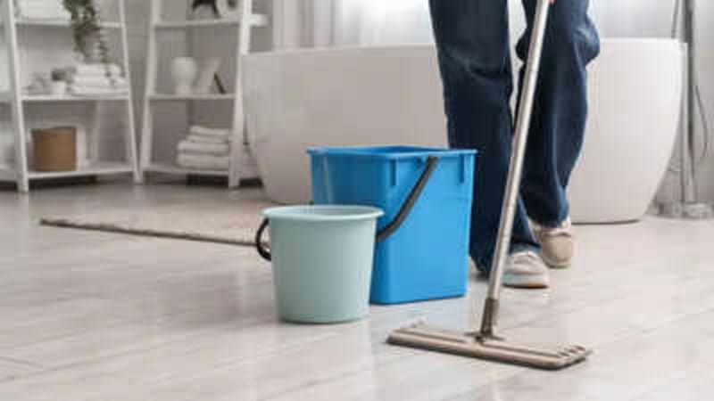 Clean, shiny hardwood floor being mopped with natural cleaning solution in bright sunlit room