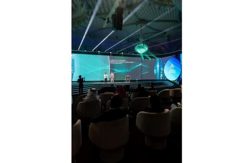 Saudi Arabian professionals collaborating in modern office space representing workforce transformation