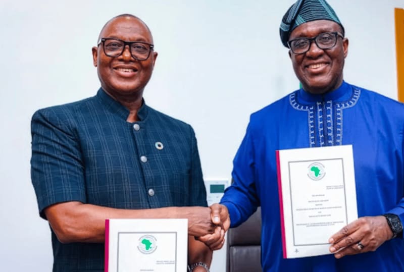 African farmers working in fields with improved crop varieties under sunny sky