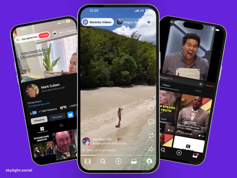Skylight video app interface showing short-form vertical videos and community curated feeds