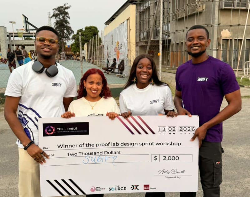 Three African startup founders presenting their subscription-sharing platform at Lagos tech conference