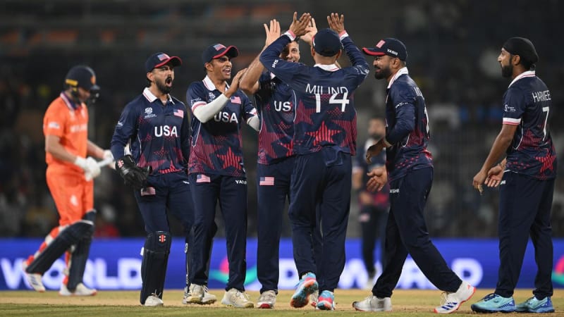 ** Cricket players in Italy's blue jerseys celebrating their historic first World Cup victory together