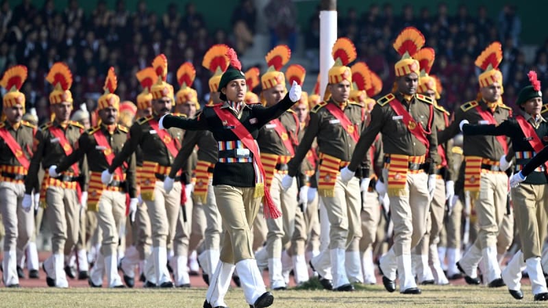Delhi Police officers in uniform standing at attention during Republic Day medal ceremony