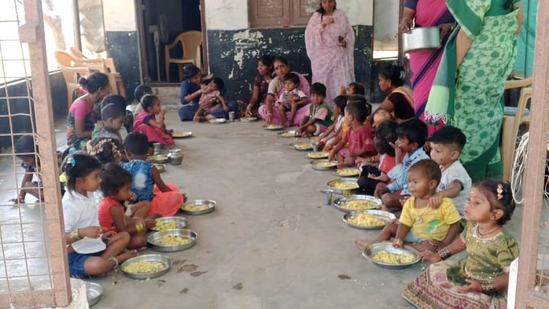 Young tribal children sitting together at new Anganwadi center in JJ Nagar hamlet, Tamil Nadu