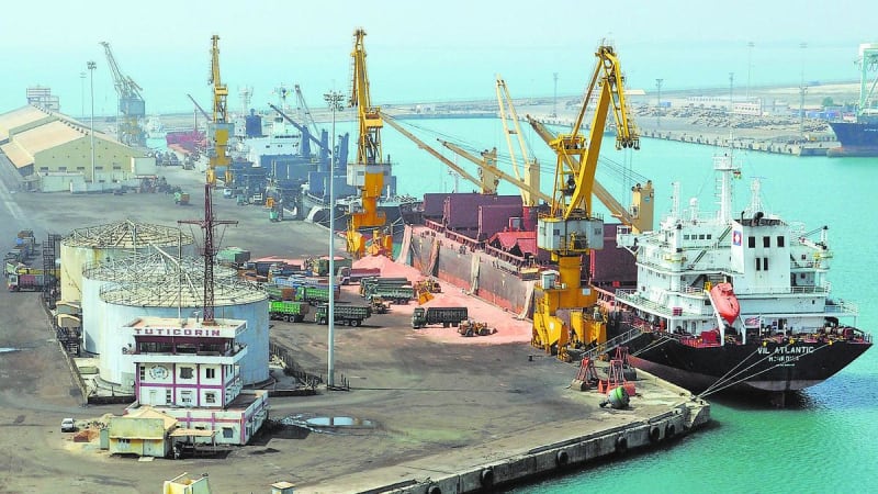 Solar panels covering administrative building rooftop at V.O. Chidambaranar Port in India