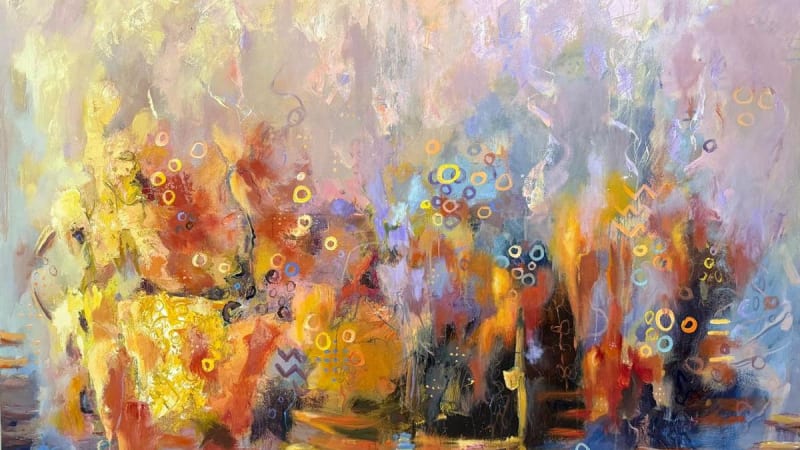 Colorful Indian artwork display featuring traditional Kalamkari paintings and contemporary pieces celebrating Sankranti festival in Hyderabad gallery