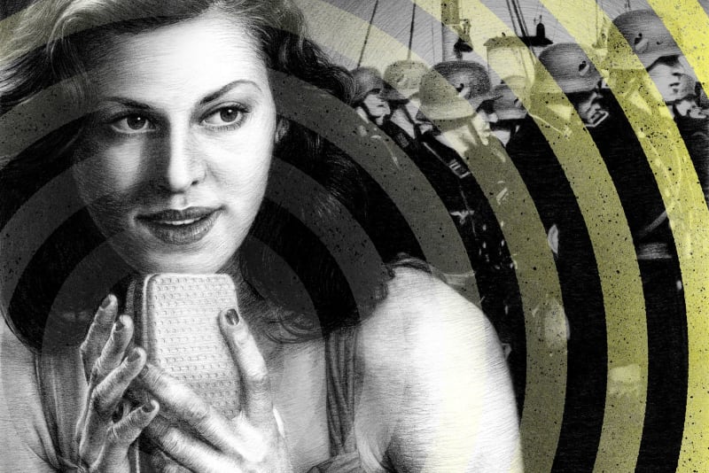 Young woman speaking into vintage 1940s radio microphone in broadcast studio