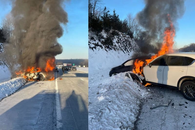 NY Highway Worker Pulls Two Drivers From Burning Cars