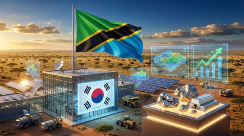 Modern mineral research laboratory equipment with Tanzanian and South Korean flags displayed together