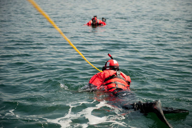 Emergency rescue boats and swimmers conducting water rescue operation beneath bridge spans on river