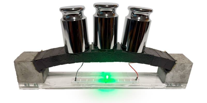 Weight-bearing concrete arch made with electron-conducting carbon concrete powering an LED light at MIT laboratory