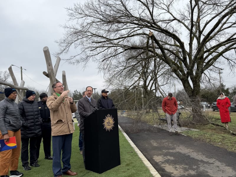 Nashville Mayor Freddie O'Connell standing beside storm damaged tree calling for community volunteers