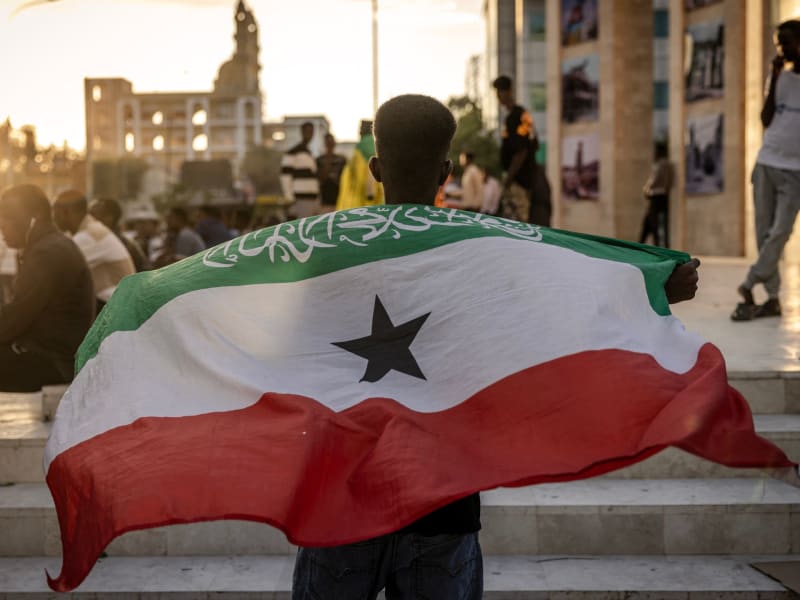 Somaliland flag displayed at War Memorial monument in Hargeisa, symbolizing the region's aspirations for independence and international recognition
