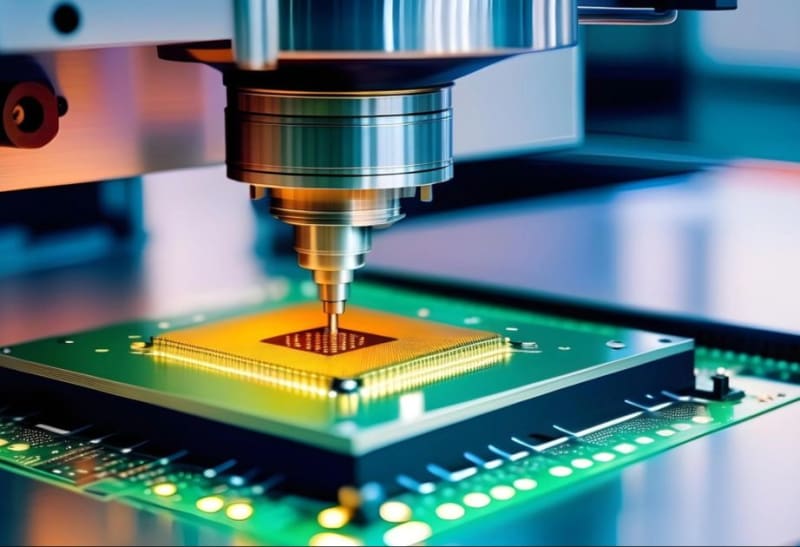 Modern semiconductor manufacturing facility with high-tech equipment and researchers in clean room environment