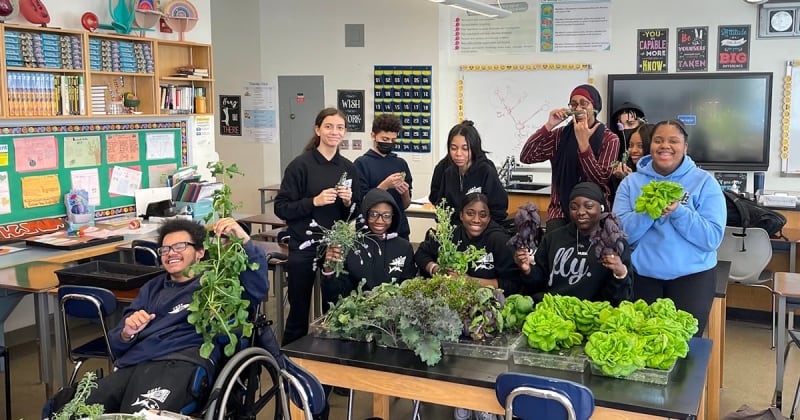 Bronx earth science teacher Carolina Castro-Skehan in her classroom with students