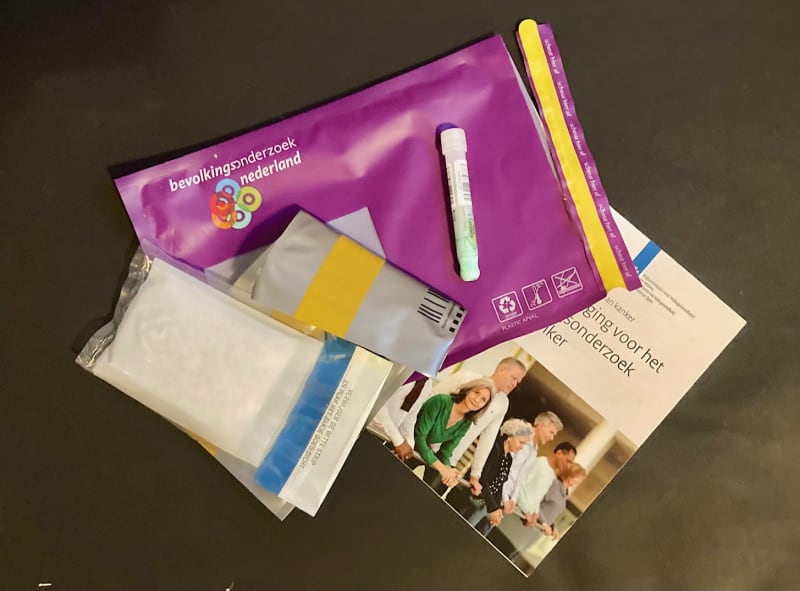 Dutch home bowel cancer screening kit on table demonstrating simple prevention test