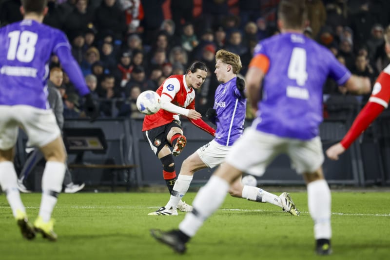Anis Hadj Moussa celebrates after scoring Feyenoord's third goal against Heracles Almelo