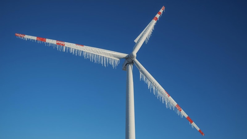 Wind turbine blade shedding sheets of ice during extreme cold weather operation
