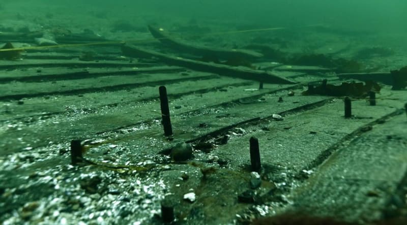 Preserved wooden frame of medieval cargo ship Svaelget 2 from 1410 discovered in Danish waters