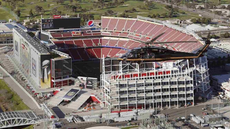 Aerial view of Levi's Stadium covered with solar panels in Santa Clara, California