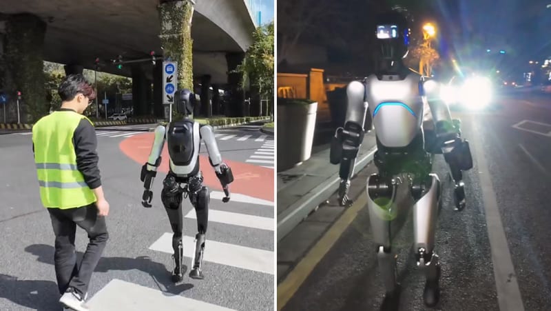 Humanoid robot AgiBot A2 walking along Shanghai street with digital face screen displaying