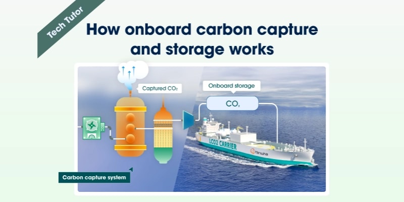Large cargo ship at sea with onboard carbon capture technology reducing emissions from exhaust