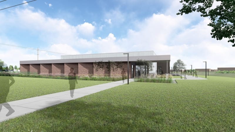 Modern university building with technology labs where students learn robotics and clean energy skills