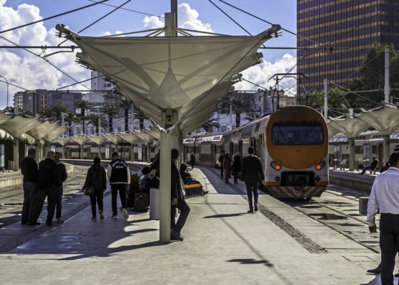 Modern Moroccan train at station platform welcoming passengers with accessibility features