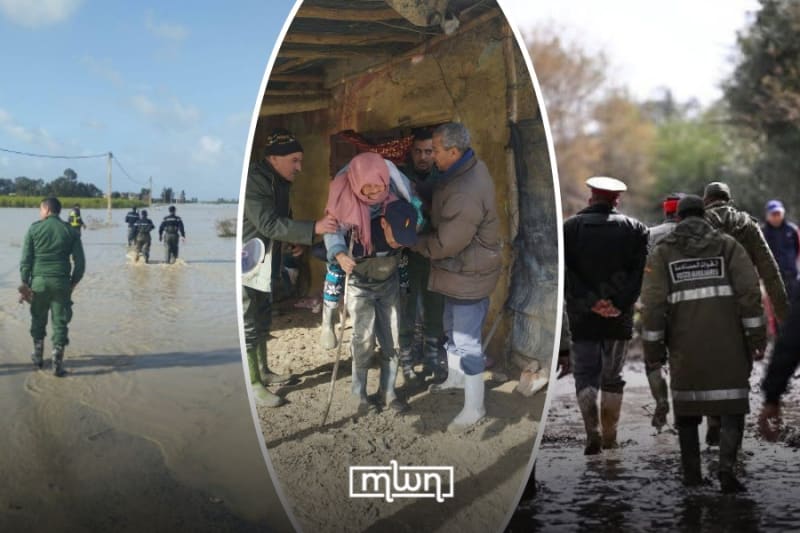 Moroccan emergency responders helping residents evacuate to safety during proactive flood prevention operations