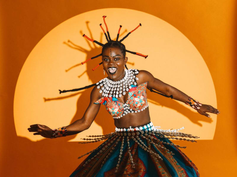 Wiyaala, Ghanaian music star known as Lioness of Africa, in traditional ceremonial attire celebrating her queenmother enskinment