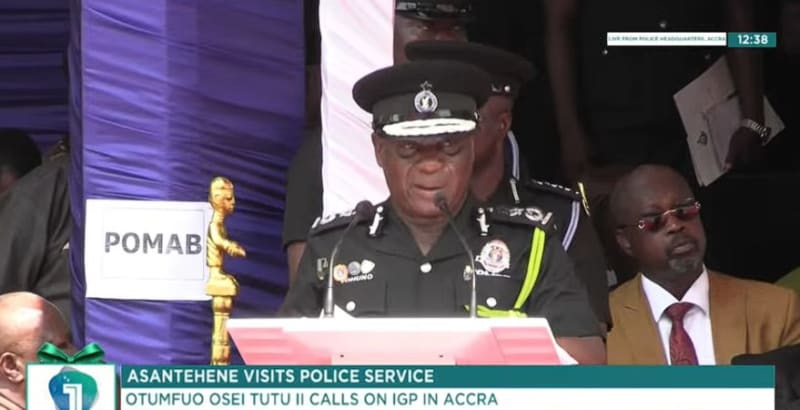Ghana's Inspector-General of Police and Asantehene meeting at Police Headquarters to discuss community policing initiatives and cultural integration