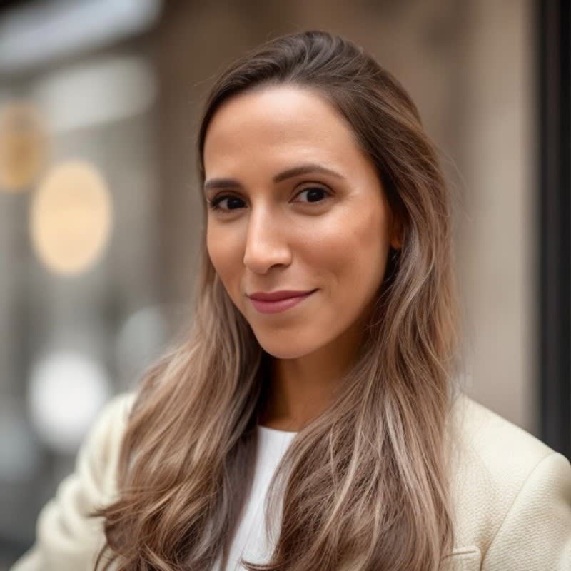 Professional woman in business attire reviewing renewable energy project documents at modern office desk