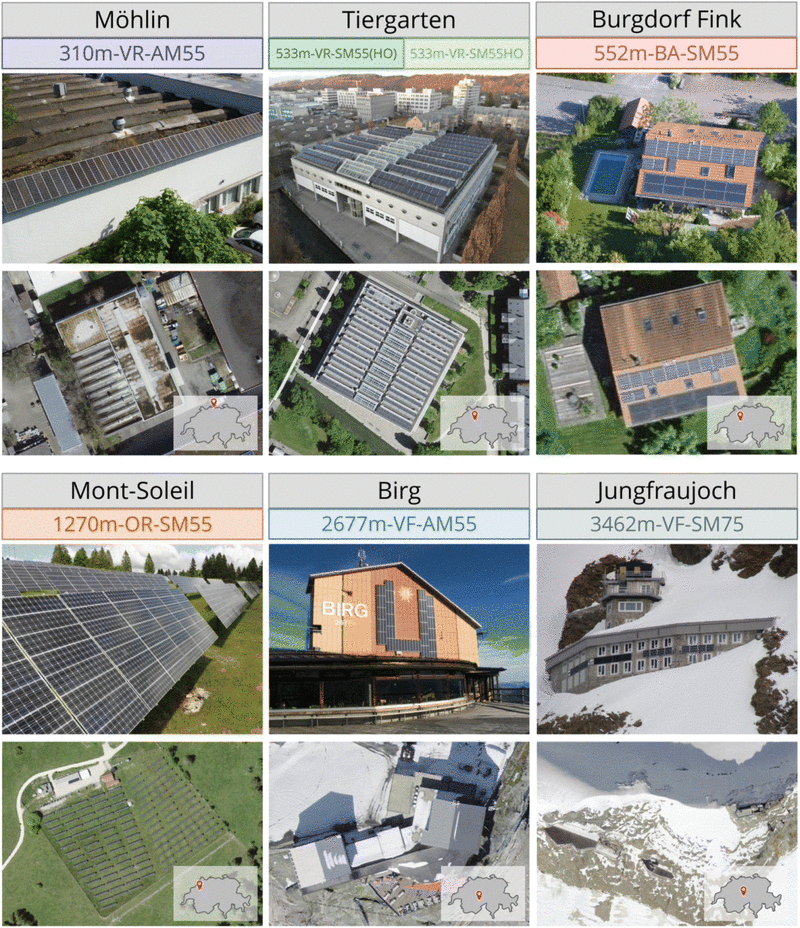 Vintage solar panels mounted on Swiss building rooftop generating clean renewable energy after decades