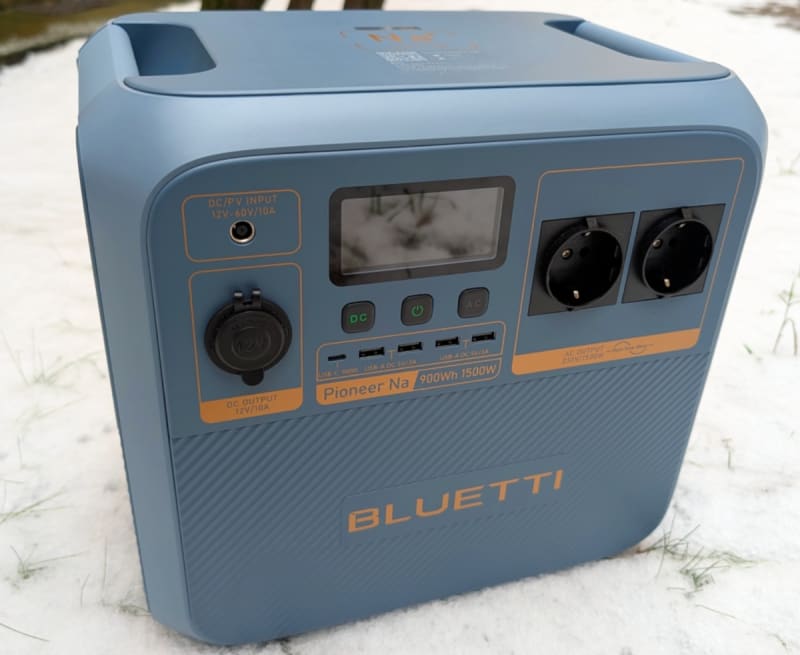 Blue Bluetti Pioneer Na portable power station with sodium-ion battery technology on display