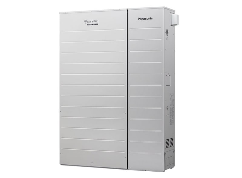 Compact white Panasonic fuel cell unit mounted on wall next to water storage tank
