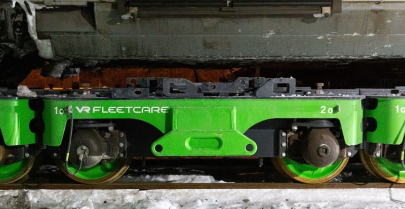 Swedish electric train on special transfer bogies crossing from Sweden into Finland