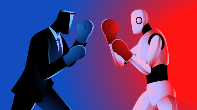 Researcher working with AI technology and creative writing tools in laboratory setting