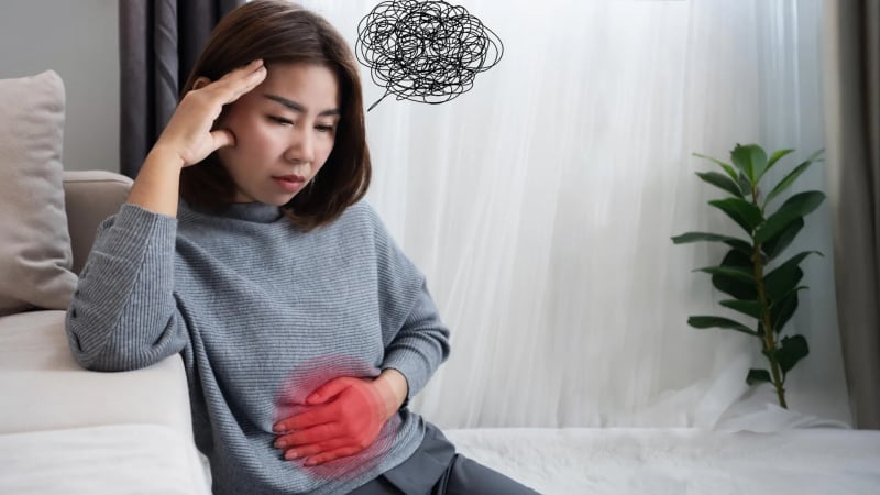 Medical illustration showing the connection between gut health and brain function through protein pathways